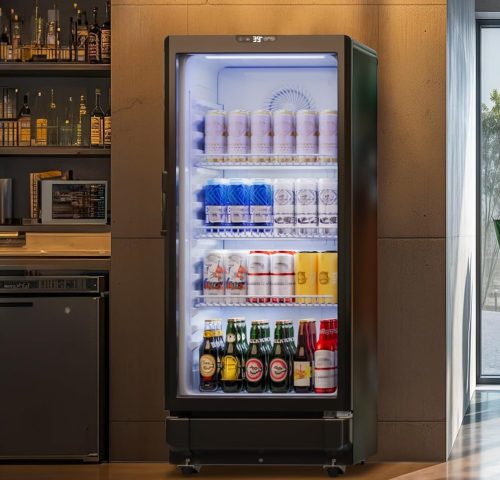 A Commercial Beverage Refrigerator with Single One Glass Door displayed in a restaurant