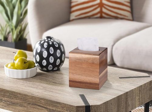 Acacia Wood Tissue Box Holder on the wooden table along with other bowl of fruits and sofa.