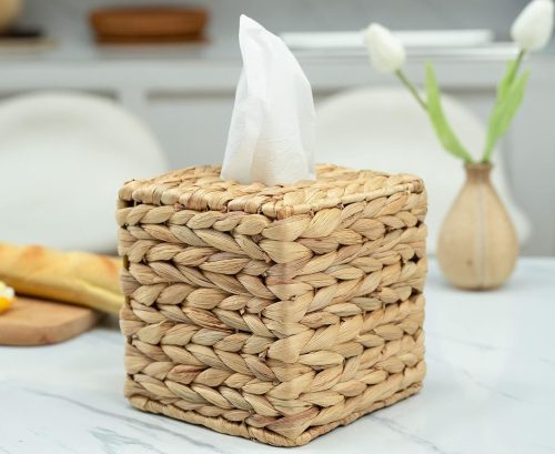 Water Hyacinth woven tissue box placed on a white surface tabletop.