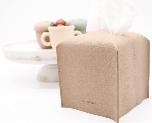 PU Leather Tissue Box Cover displayed on white surface with other stuff.