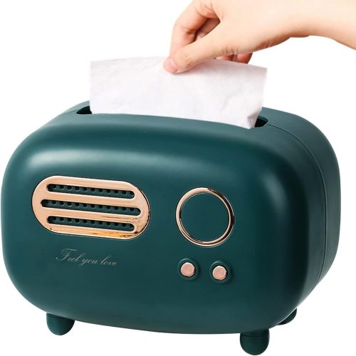 A person's hand taking the tissue out from the Retro Radio Model Tissue Box Holder