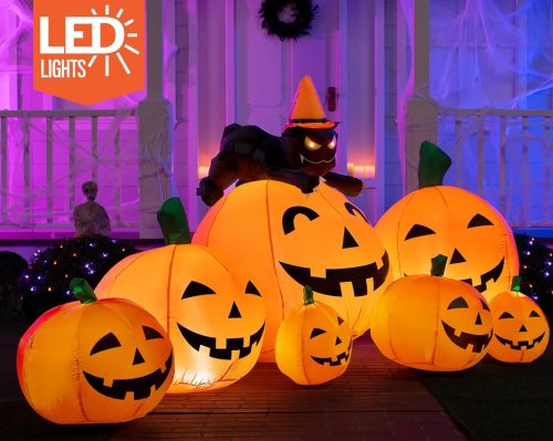 7 Pumpkins Placing in front of the house as a Decoration with Witch's Cat and Build-in LEDs Blow Up Lights